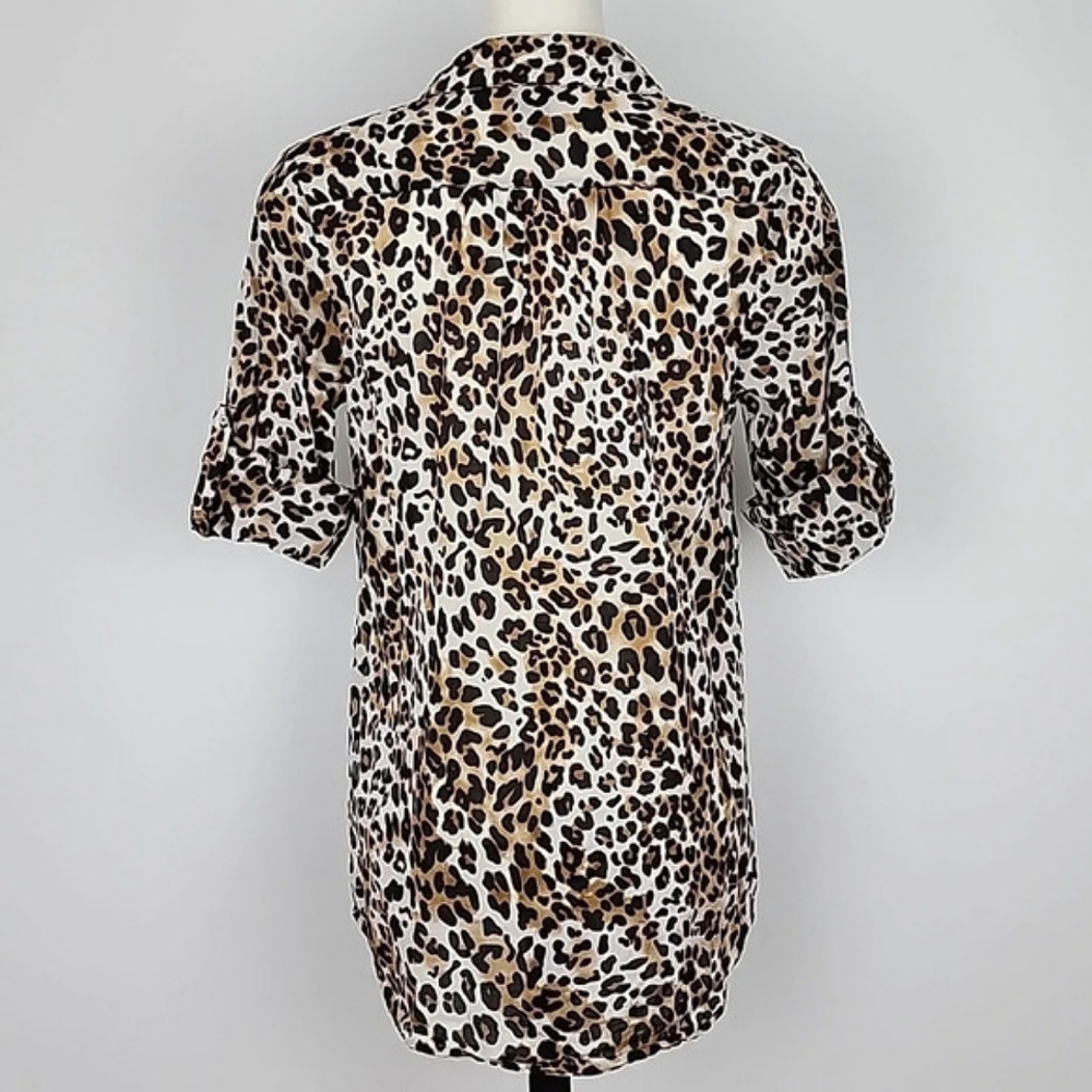 DEX Fresh Women's Cotton Long Shirt Top Leopard Print Roll Up Sleeves Size M - Picture 5 of 15